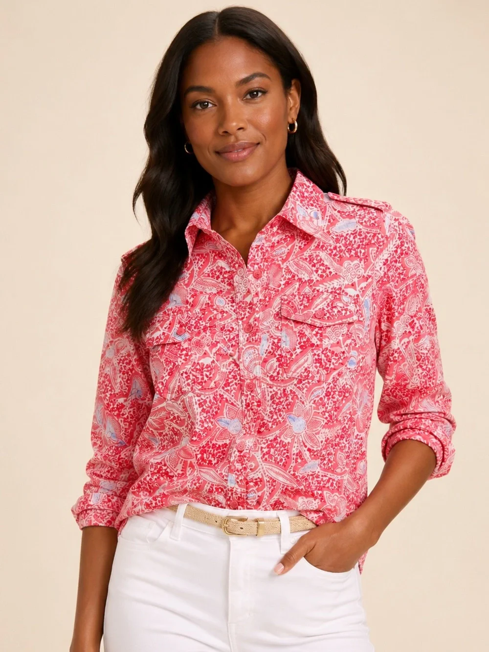 Tory Burch Floral Paisley Utility Button Front Shirt Blouse Pink White Size 4